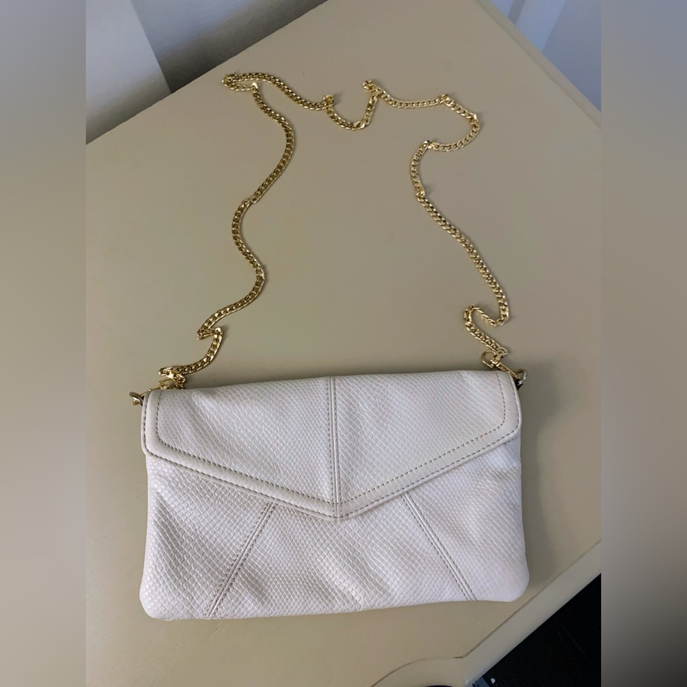 Vintage 1980s Tignanello White Snake Skin Clutch Gold Chain Shoulder Handbag
